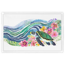 Coastal Blue Waves & Turtle Watercolor Acrylic Tray