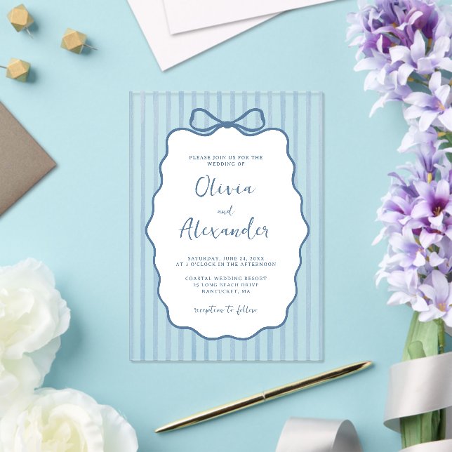 Coastal Blue Whimsical Stripe Bow Wedding Acrylic Invitations (Insitu (Wedding))