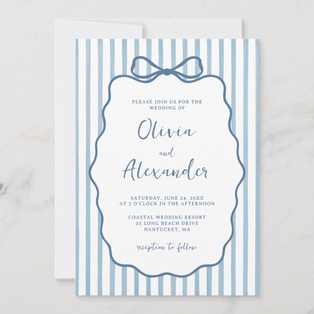 Coastal Blue Whimsical Stripe Bow Wedding Invitation (Front)