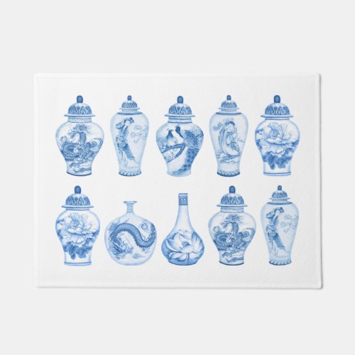 Coastal Blue White Chinoiserie Temple Ginger Jars  Doormat