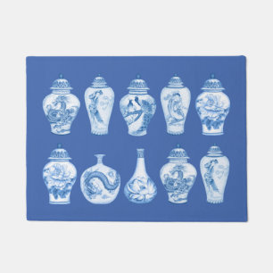 Coastal Blue White Chinoiserie Temple Ginger Jars Doormat