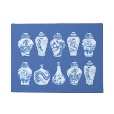 Coastal Blue White Chinoiserie Temple Ginger Jars Doormat