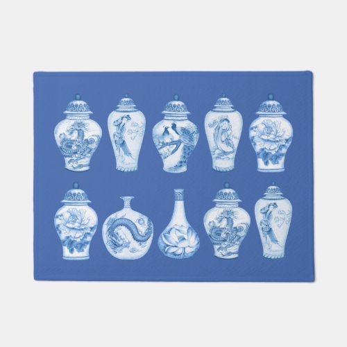 Coastal Blue White Chinoiserie Temple Ginger Jars Doormat