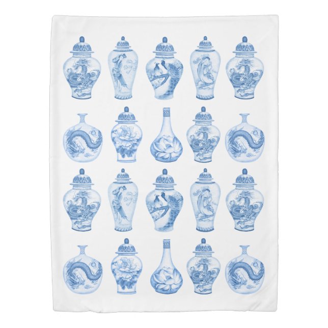 Coastal Blue White Chinoiserie Temple Ginger Jars Duvet Cover (Front)