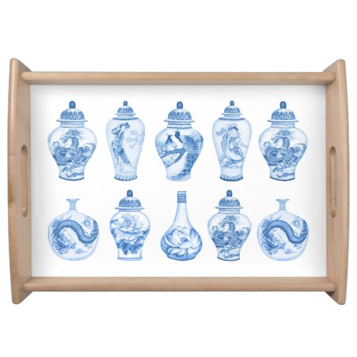 Coastal Blue White Chinoiserie Temple Ginger Jars Serving Tray