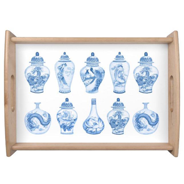 Coastal Blue White Chinoiserie Temple Ginger Jars Serving Tray (Front)