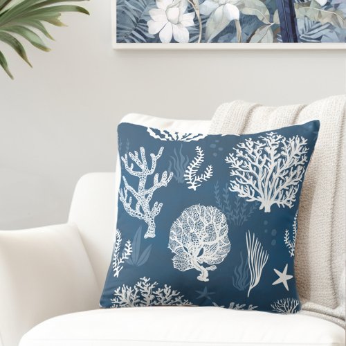 Coastal Blue White Coral Throw Pillow