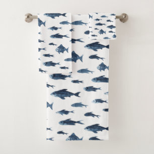 Coastal Blue & White Fish Pattern Bath Towel Set