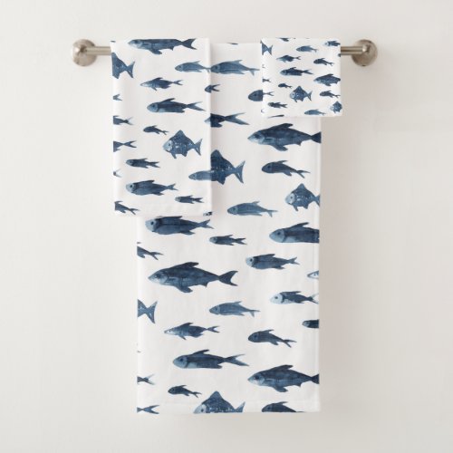 Coastal Blue  White Fish Pattern Bath Towel Set