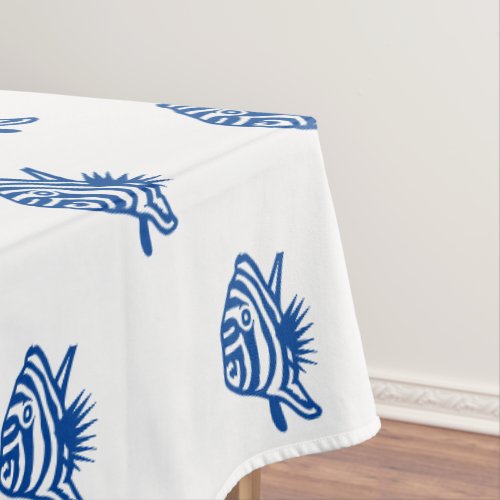 Coastal blue white fish pattern modern summer fun tablecloth
