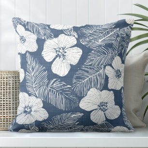 Coastal Blue & White Floral Throw Pillow