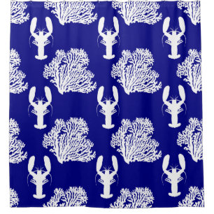 Coastal Blue White Lobster Pattern Shower Curtain