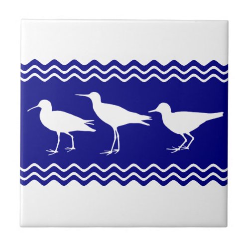 Coastal Blue White Sandpiper Birds Pattern Ceramic Tile