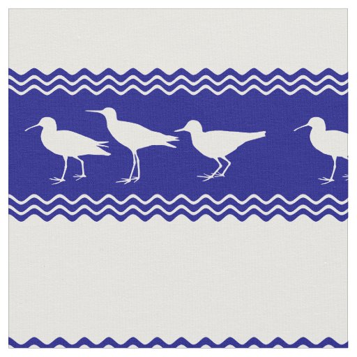 Coastal Blue White Sandpiper Birds Pattern Fabric