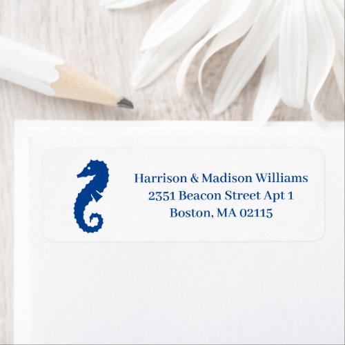 Coastal blue white seahorse fun Return Address Label