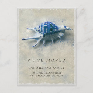 Coastal Blue White Seashell Sand Moving Announcement Postcard