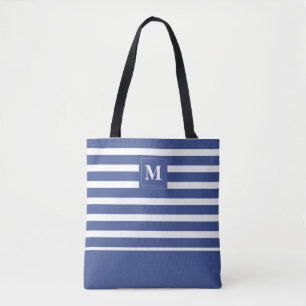 Coastal Blue White Striped Beach Monogram Tote Bag
