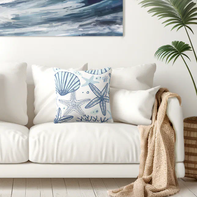 Coastal Blue White Throw Pillow 