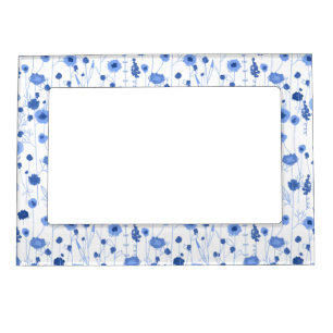 Coastal Blue White Wildflower Art Floral Magnetic Frame