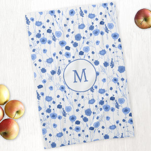Coastal Blue White Wildflower Art Monogram Kitchen Towel