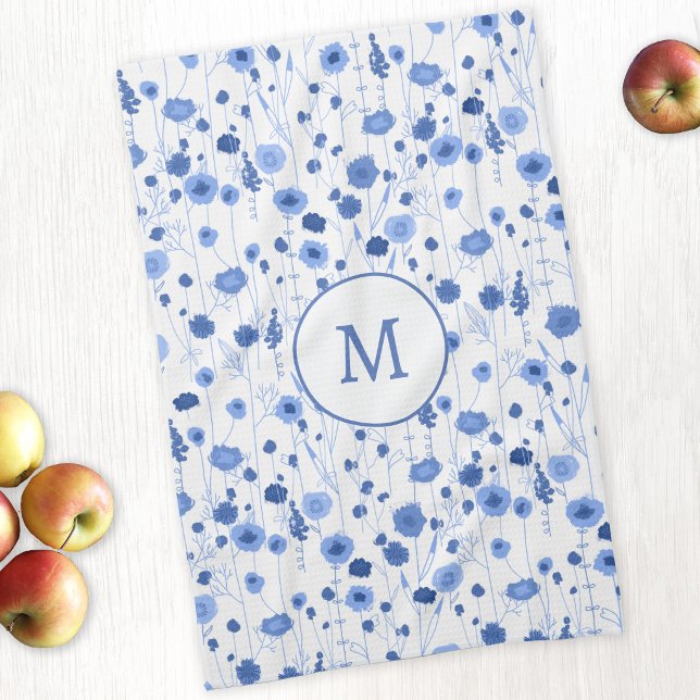 Coastal Blue White Wildflower Art Monogram Kitchen Towel (Personalized monogram initial coastal blue white wildflower meadow art kitchen tea towel)