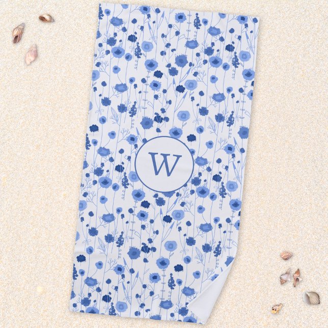 Coastal Blue Wildflower Meadow Botanical Monogram Beach Towel (Blue and white coastal wildflower meadow art personalized monogram initial beach towel)