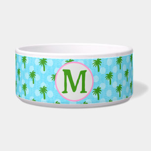 Coastal Blue with Green Palm Tree Ceramic Pet Bowl