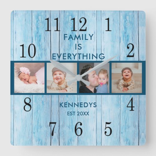 Coastal Blue Wood 4 Photo Collage Family Quote Square Wall Clock