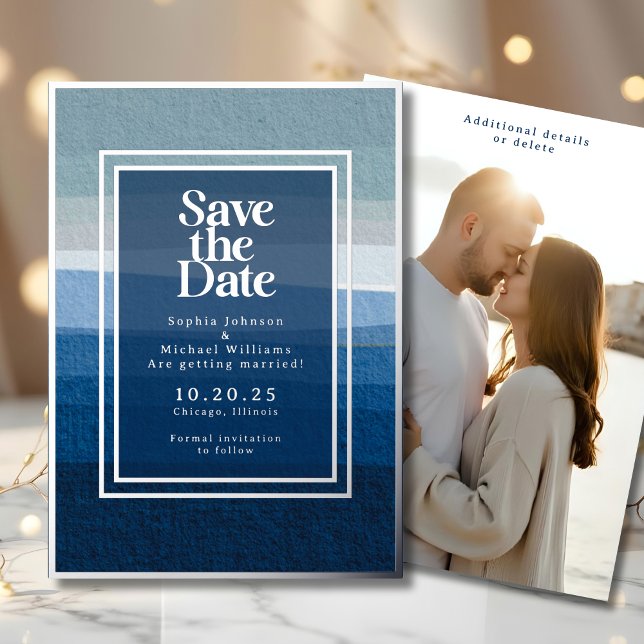 Coastal Blues Abstract Save the Date Photo Beach  Foil Holiday Card (Creator Uploaded)
