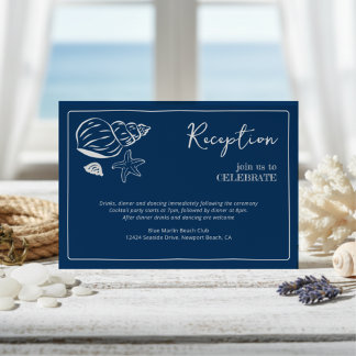 Coastal Blues Seashell & Script Wedding Reception  Enclosure Card