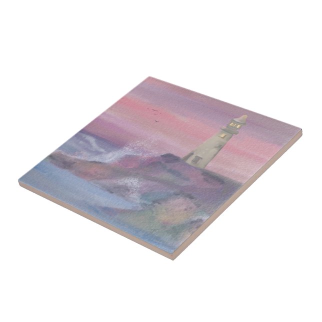 Coastal Bluff Lighthouse With Pink Sky Ceramic Tile (Side)