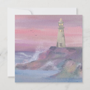 Coastal Bluff Lighthouse With Pink Sky Holiday Card