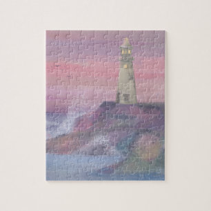Coastal Bluff Lighthouse With Pink Sky Jigsaw Puzzle