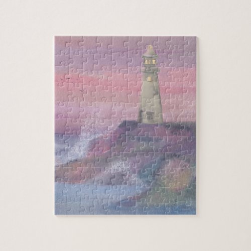 Coastal Bluff Lighthouse With Pink Sky Jigsaw Puzzle