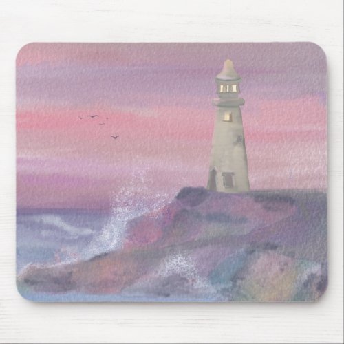 Coastal Bluff Lighthouse With Pink Sky Mouse Pad