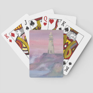 Coastal Bluff Lighthouse With Pink Sky Poker Cards