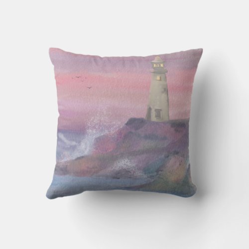 Coastal Bluff Lighthouse With Pink Sky Throw Pillow