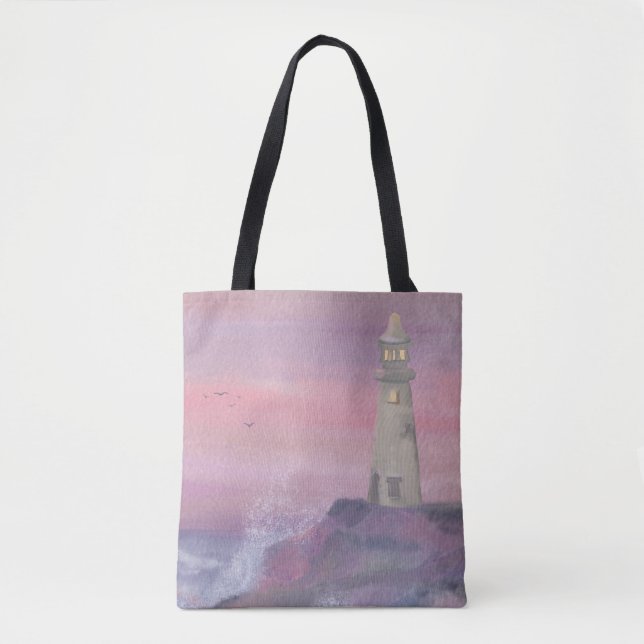Coastal Bluff Lighthouse With Pink Sky Tote Bag (Front)