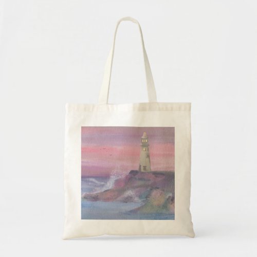 Coastal Bluff Lighthouse With Pink Sky Tote Bag
