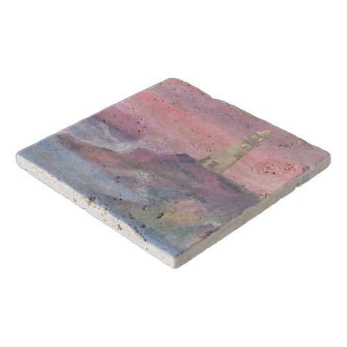 Coastal Bluff Lighthouse With Pink Sky Trivet