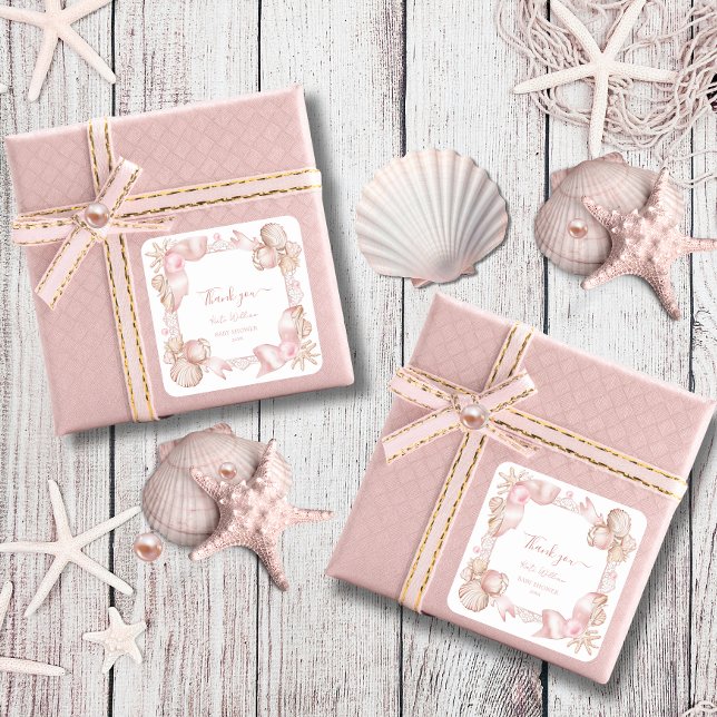 Coastal blush pink pearl thank you Baby Shower Square Sticker (Creator Uploaded)