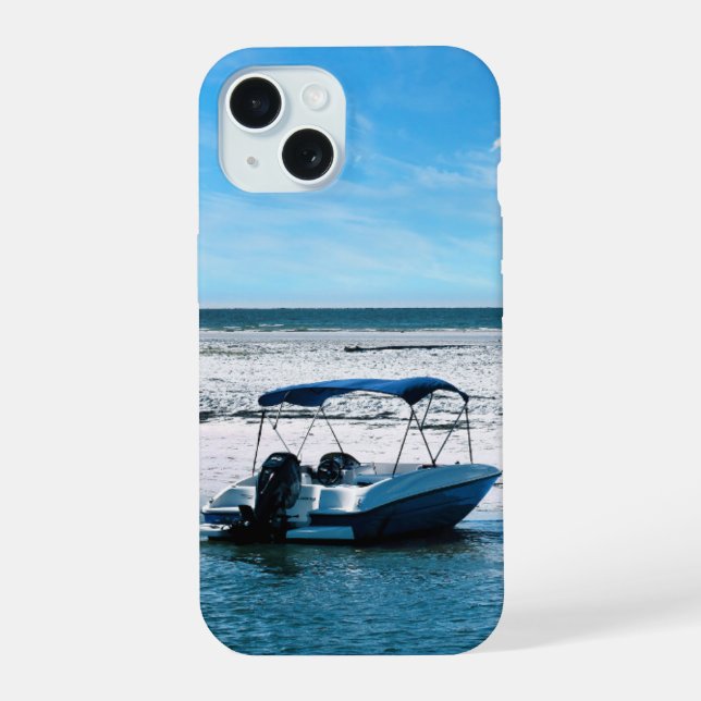 Coastal Boat Wall Art Minimalist Ocean Blue iPhone 15 Case (Back)