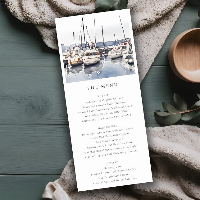 Coastal Boats at Harbor Seascape Wedding Menu Card (Creator Uploaded)