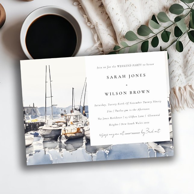 Coastal Boats at Harbor Seascape Weekend Party Invitation (Creator Uploaded)