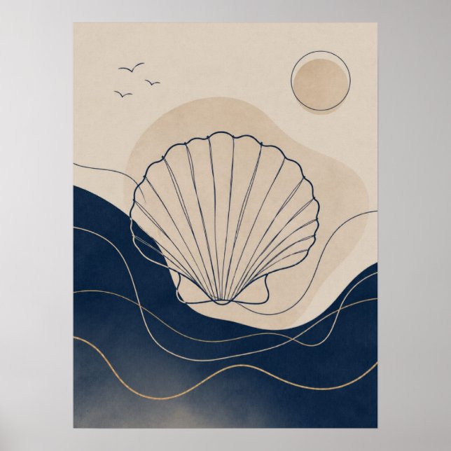 Coastal Boho Seashell and Deep Blue Ocean Waves  Poster (Front)