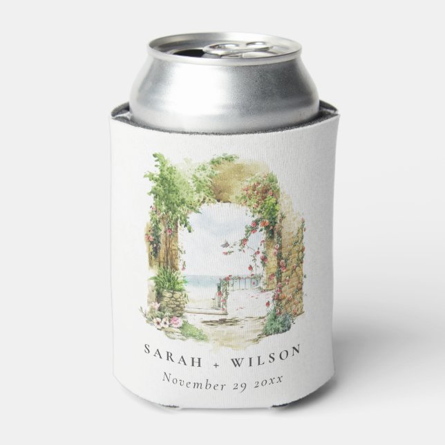 Coastal Botanical Arch Sand Beach Seascape Wedding Can Cooler (Can Front)