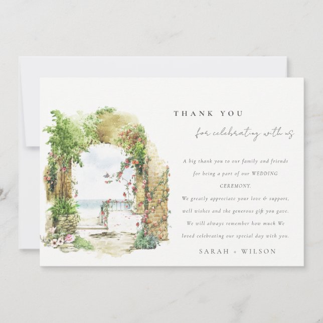 Coastal Botanical Arch Sand Beach Seascape Wedding Thank You Card (Front)