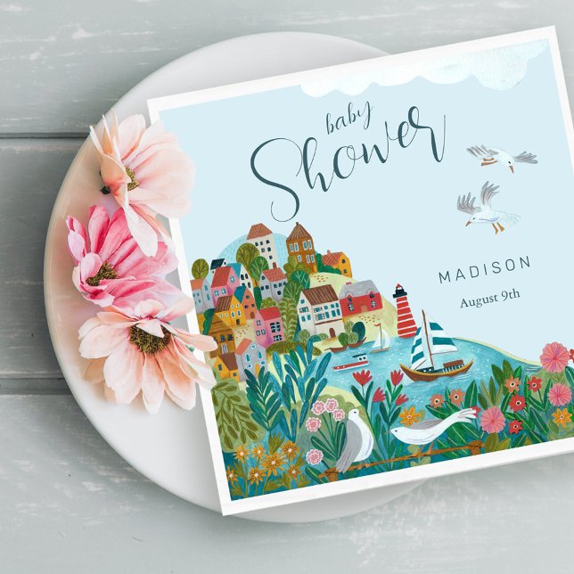 Coastal boy baby shower party napkins (It takes a village boy baby shower party napkins)