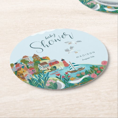 Coastal boy baby shower party round paper coaster