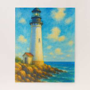 Coastal Bright Watercolor Lighthouse Rocky Shore Jigsaw Puzzle